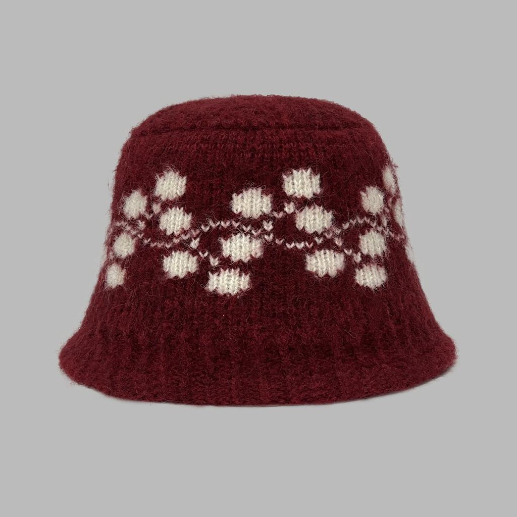 Retro Style Jacquard Knitted Bucket Hat Women's 2025 New Plush Hat, Ear Protection and Face Small Pullover Hat