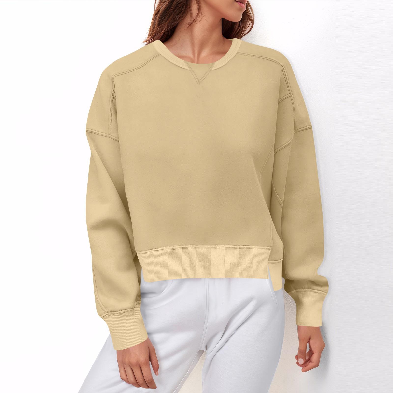 

Осенние женские топы с длинными рукавами, футболки с круглым вырезом, однотонные модные женские толстовки S бежевый