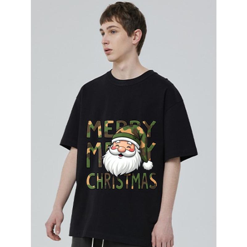 Christmas T-Shirt Black Camouflage Santa Claus Merry Christmas Print Holiday Party Wear