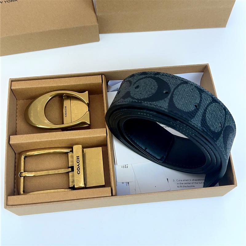 Men's Classic Double Buckle Leather Belt with C Buckle and Fabric Texture - Business Casual Trousers Accessory