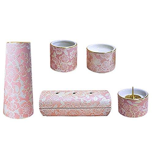 Modern ceramic Buddhist altar fittings 5-piece set  Yui Hana  (horizontal cylindrical incense burner) Cherry blossom (j1272-1-5)