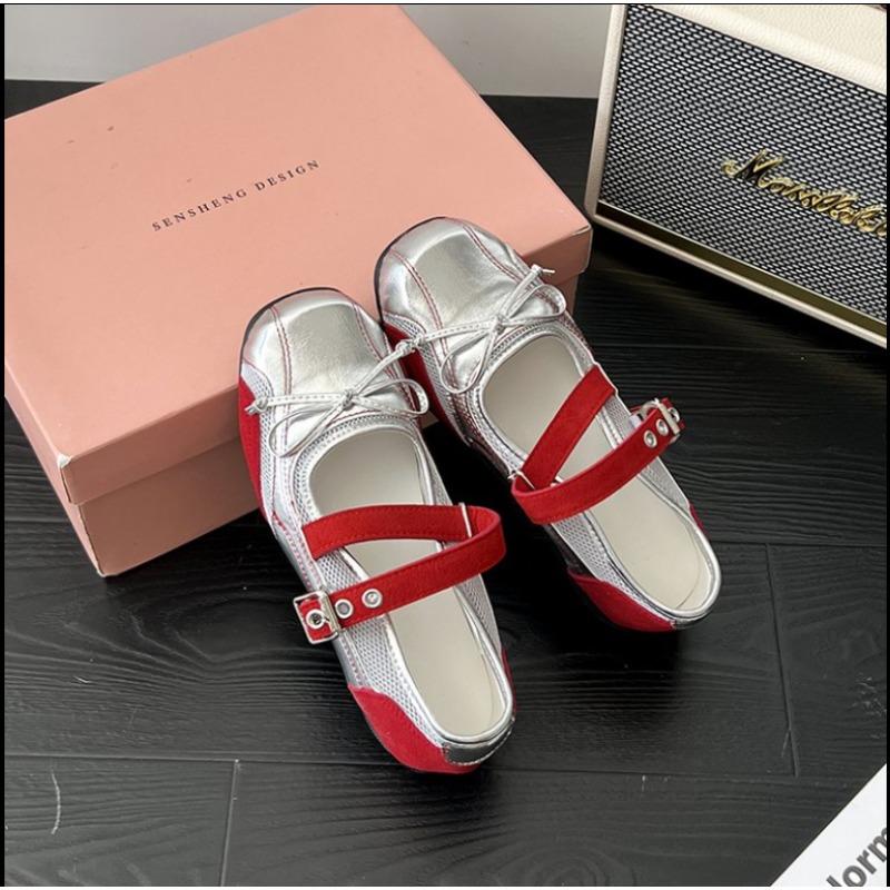 Fashion 2025Designer Silvery Butterfly-knot Women Flats Shoes Square Toe Eelgant Soft Sole  Jane Shoes