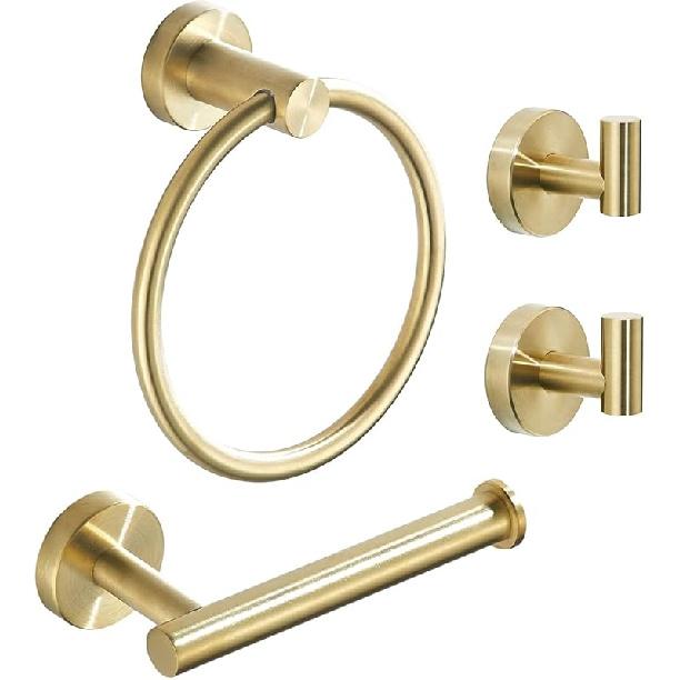 Toilet Paper Holder Towel Ring Brushed Gold Bathroom Hardware Hand Towel Holder Bathroom Accessories Set Wall Mount Stainless Steel 2 Pieces