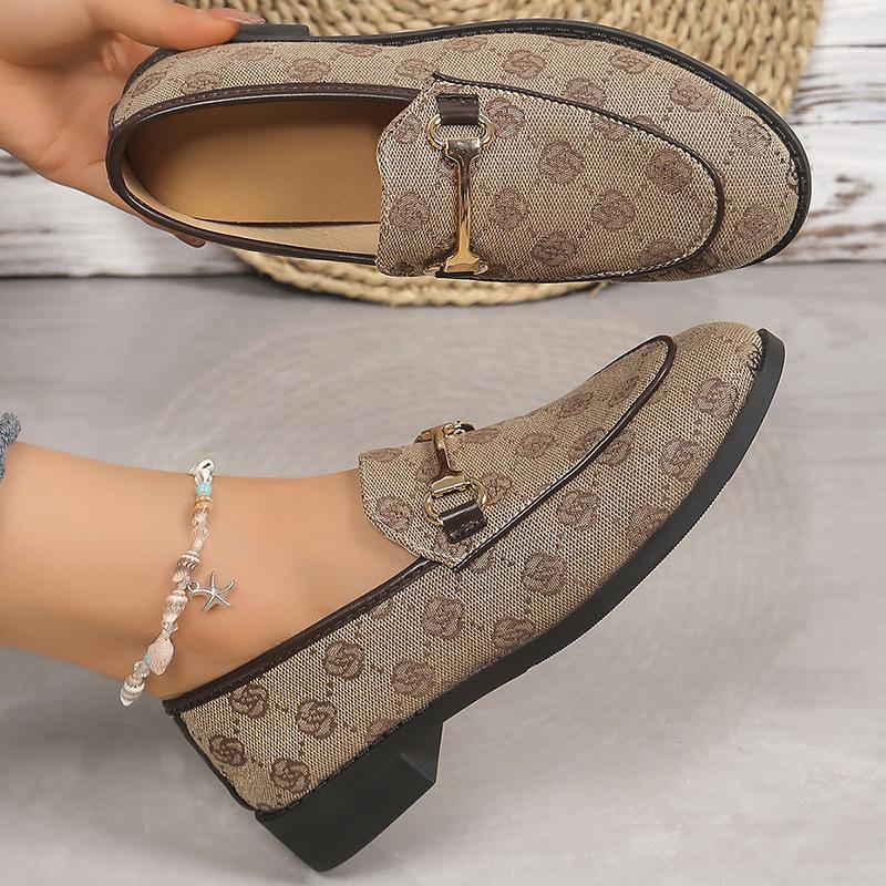 Fashion Print Med Heels Pumps Women 2025 New Metal Decoration Loafers Shoes Woman Slip-On Brand Design Square Heel Slingle Shoes