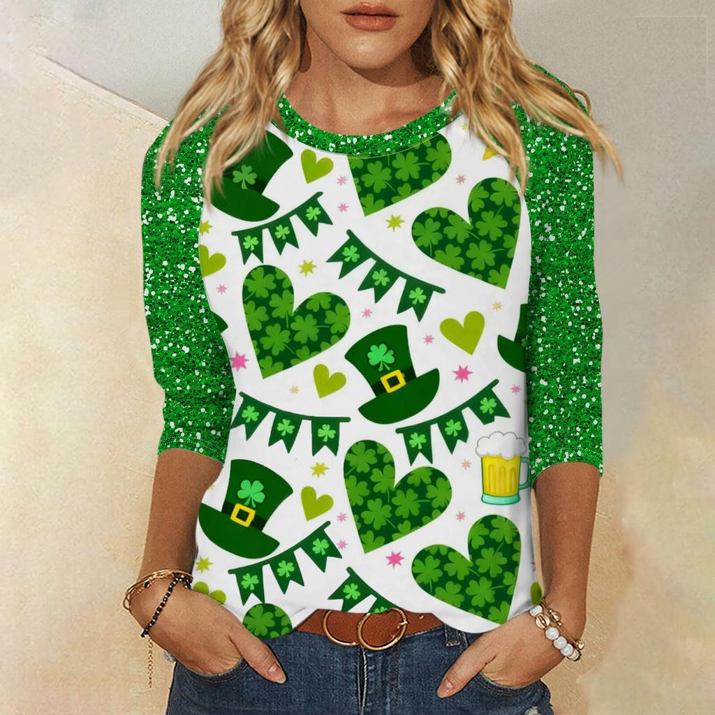 Frauen St. St. Patrick's Day Print Rundhals Dreiviertelarm Oberteil