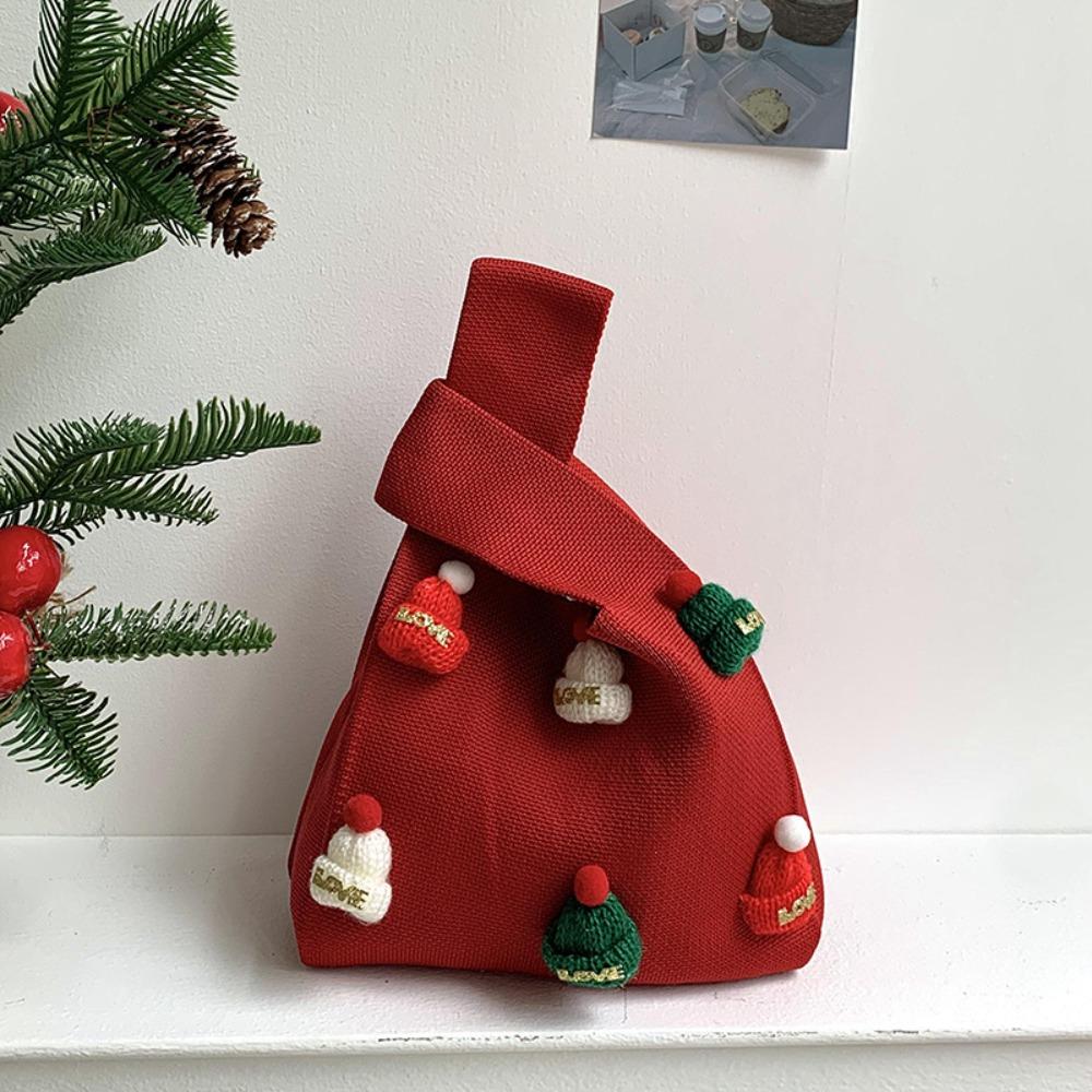 

Printed Christmas Knitted Bag Christmas Hat Tote Bag Simple Festival Gift Bag Shopping Bags червоний