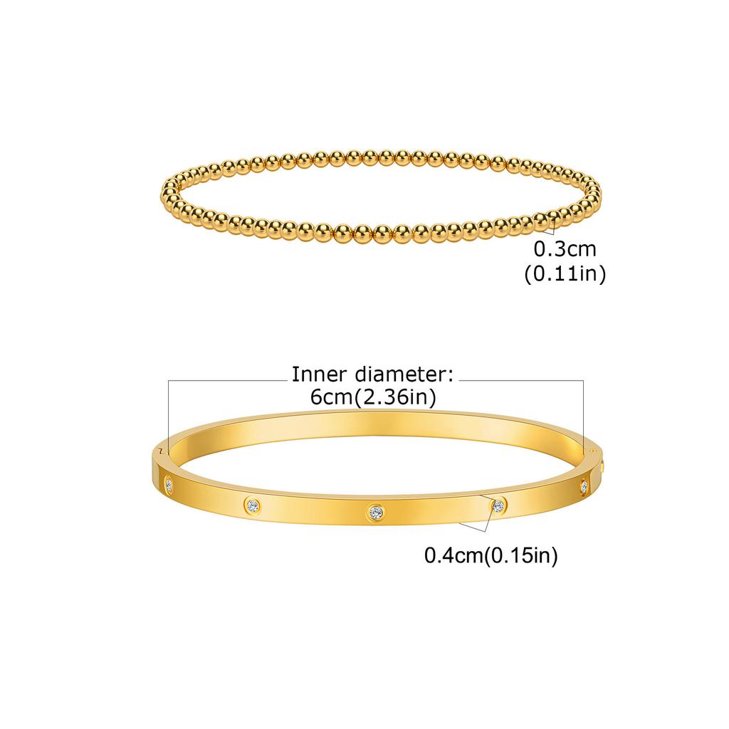 Fashion Stackable Stainless Steel Beads Bracelet for Women, Cubic Zircon Gold Plated Bangle, Waterproof Light Luxury Jewelry