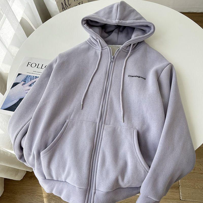 Hooded Cardigan for Women Velvet Thick Plush Fleece Coat Zipper Embroidered Letters Preppy Style Sweatshirt Korean Top Clothes