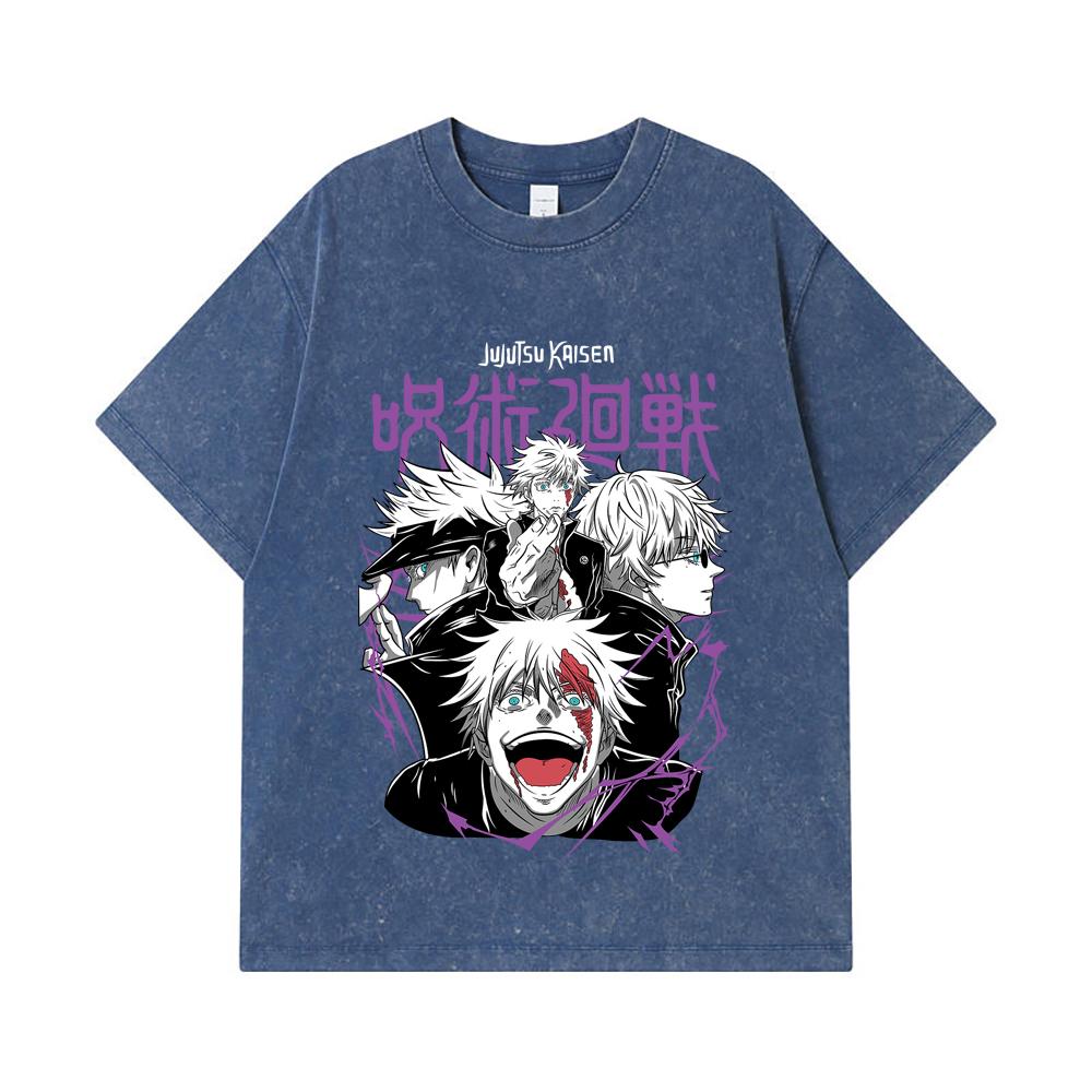 275 GSM Washed T-shirts 100% Cotton Jujutsu Kaisen V3 Gojo Print Unisex Heavy Cotton T Shirt