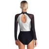 Womens Figure Skating Bodysuit Color Block Patchwork Keyhole Back Sheer Mesh Long Sleeve Rhinestone Leotard