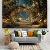 2D Fantasy Garden Tapestry Enchanted Forest with Stone Path & Glowing Lights Wall Art