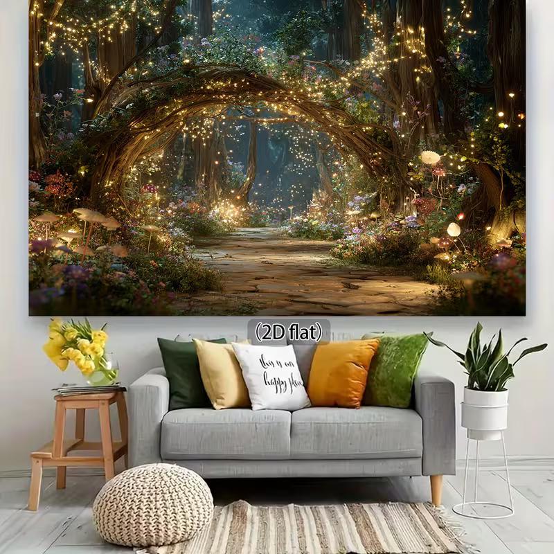 2D Fantasy Garden Tapestry Enchanted Forest with Stone Path & Glowing Lights Wall Art