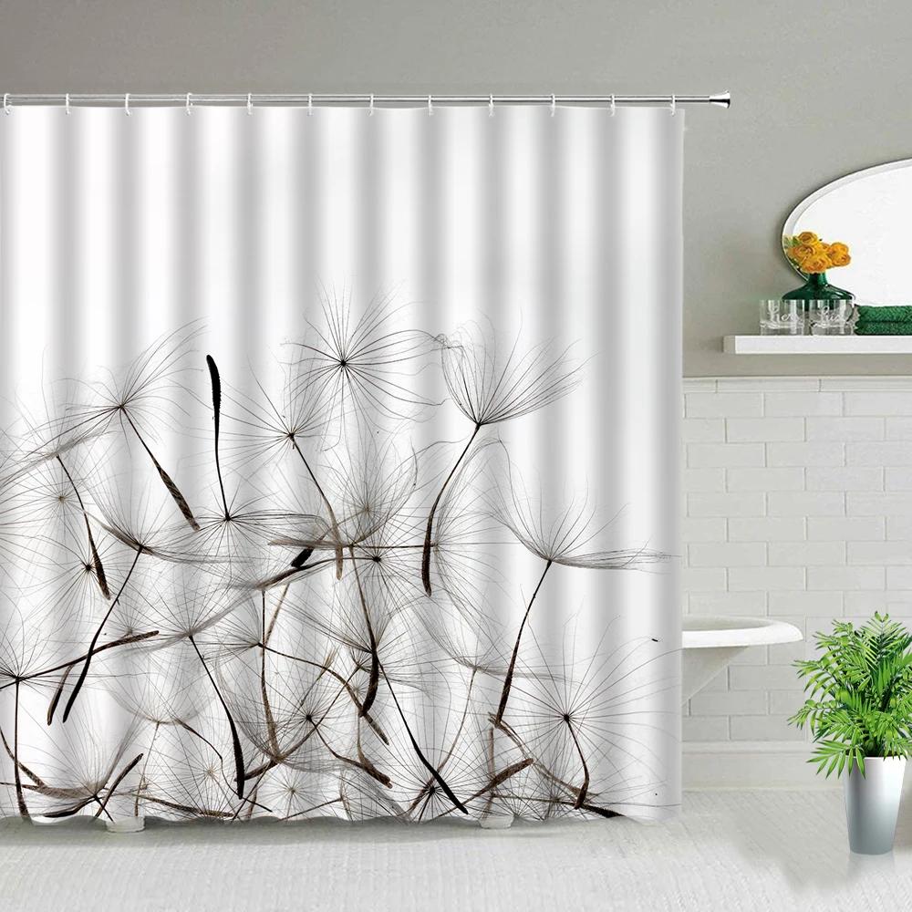Garden Background Wall Flower Plant Scenery Shower Curtains Modern Chinese Style Dandelion Floral Green Leaf Bathroom Screen