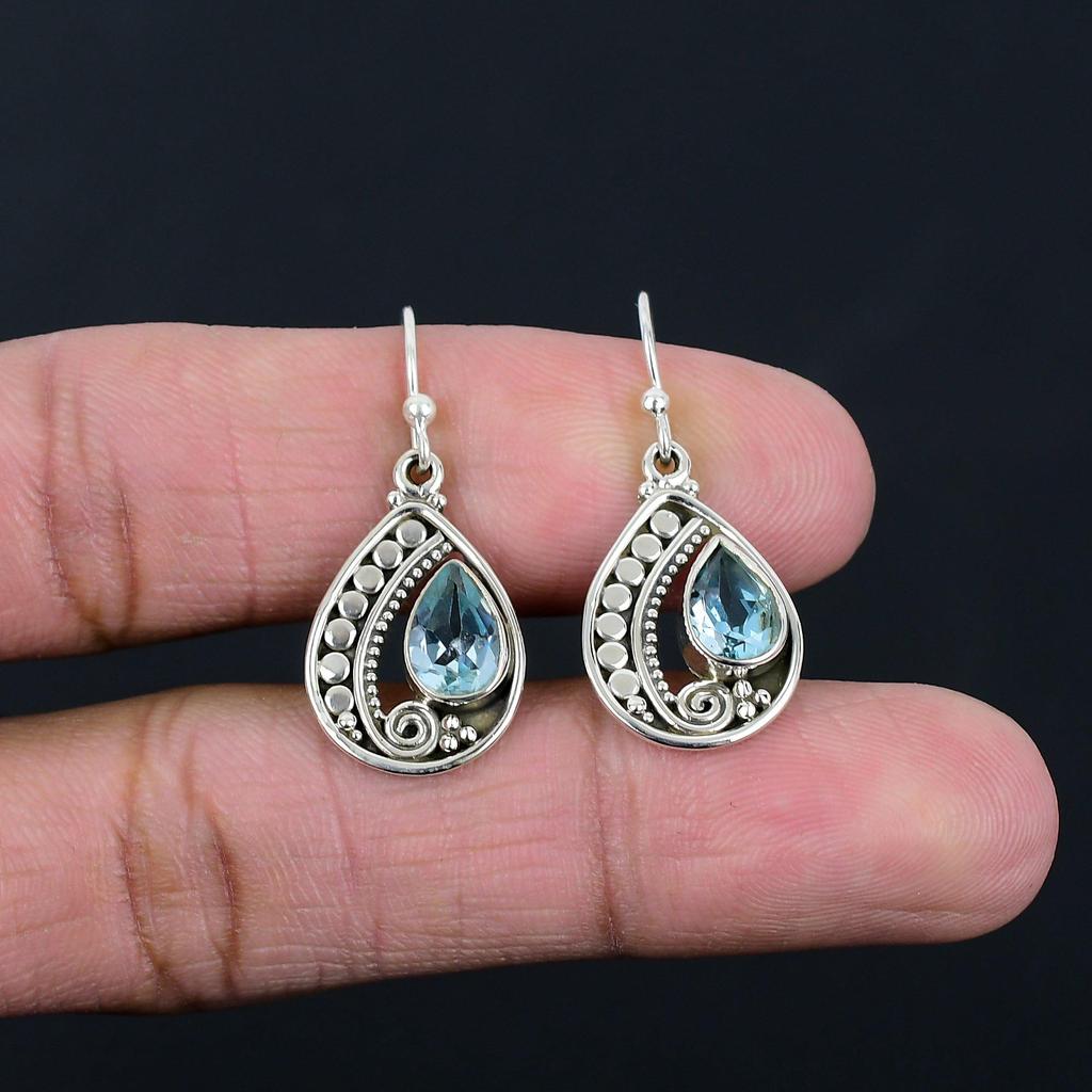Blue Topaz Gemstone Earrings Solid 925 Sterling Silver Handmade Earrings Jewelry Gift For Women And Girls E-132