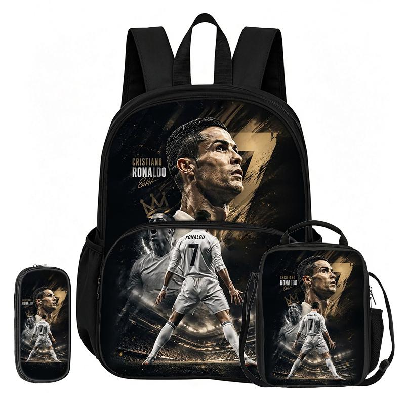 Learn, Travel Football Star School Bag Ronaldo 3 Pcs set with Front Pocket Backpack Lunch bag, Pencil Case, Sport Rucksack