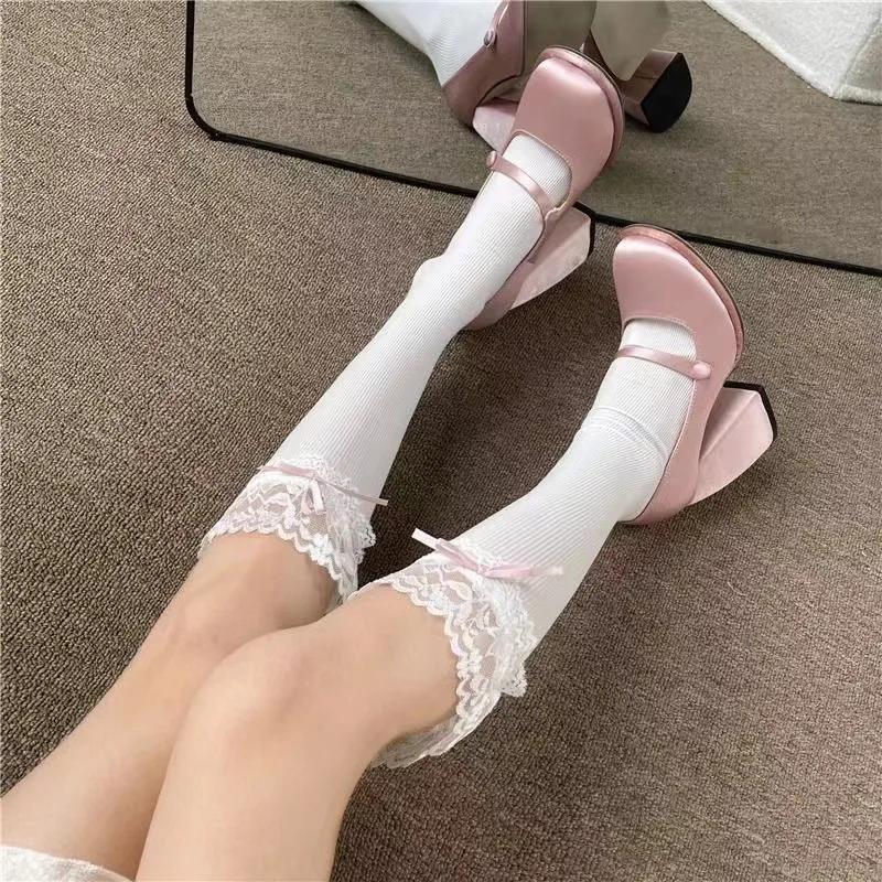 Damskie Koronkowe Lolita Japońskie Skarpety Pętelkowe Pani Średniej Długości Oddychające Wygodne Piękne Urocze Kawaii Styl Dziewczęcy Ładne Wstążki Skarpety na Łydkę