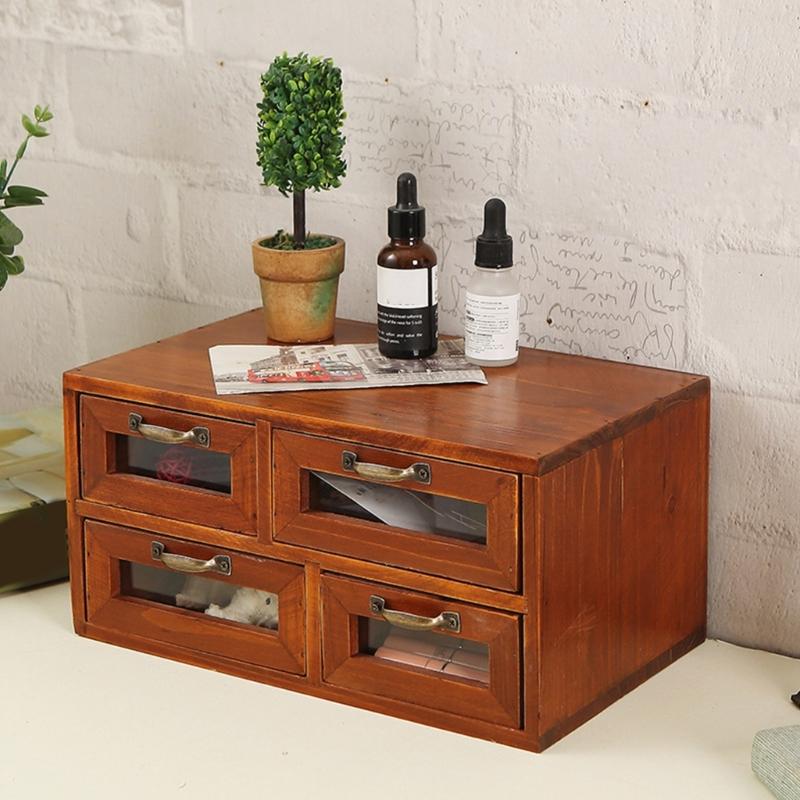 Vintage Style Wooden Desktop Organizers Box With Four Drawers Cabinet Storage Holder For Organizing Makeup And Jewelry