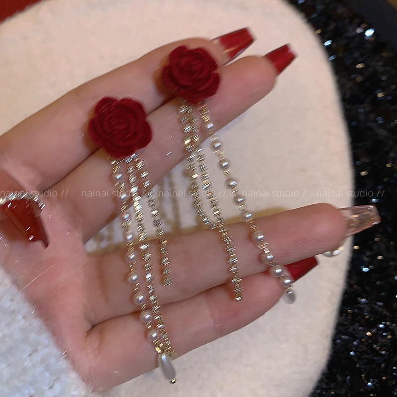 Camellia Tassel Earrings~ Red Velvet Long Earrings Rose New Premium Pearl Earrings