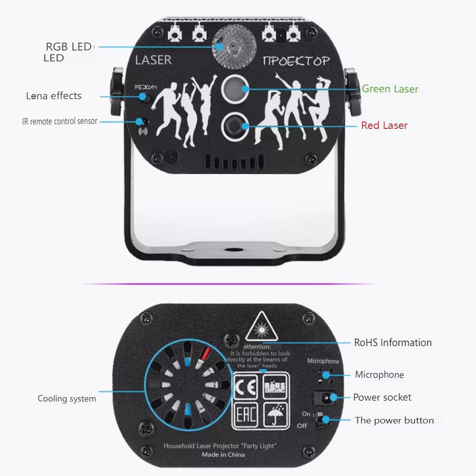 RU Version 60 Muster Mini DJ Disco Licht Party Bühnenbeleuchtung Wirkung Sprachsteuerung Laserprojektor Blitzlampe für farbenfrohes Musiklicht
