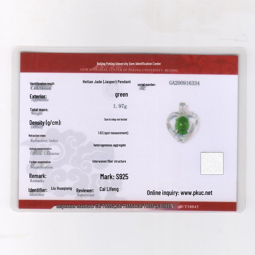 925 Sterling Silver Heart-shaped Jade Pendant Necklace with Certificate - Green Hetian Jade for Women