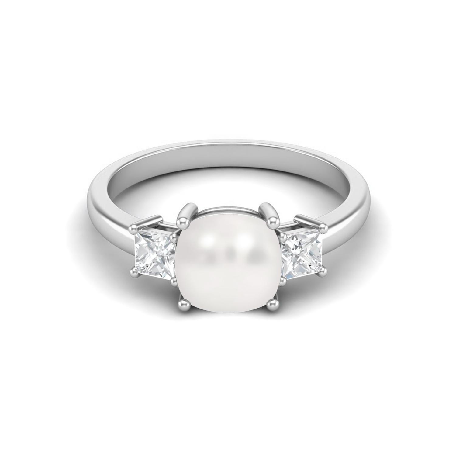 925 Sterling Silver 7 MM Cushion Shape Pearl Three Stone Engagement Women Ring 5 белый