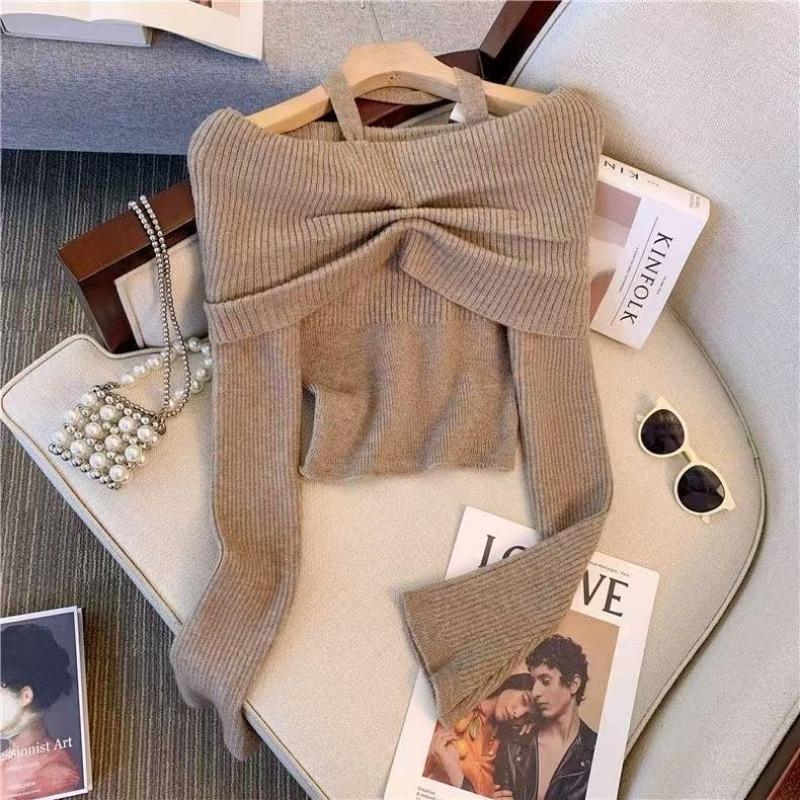 

Темпераментный свитер с открытыми плечами, вязаный свитер, женский осенне-зимний новый, с открытыми плечами, облегающий и тонкий свитер с коротким воротником, модный S