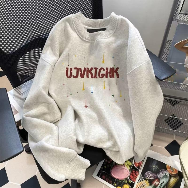 

Женский осенне-зимний красочный винтажный свитшот с круглым вырезом, свободный, мешковатый, с капюшоном, с длинным рукавом 5XL серый