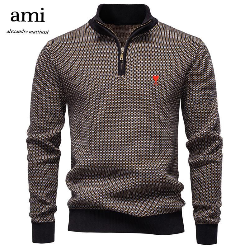 

AMI 2025 Осень и Зима Вышивка Новый Мужской Толстый Свитер Мужской Наполовину на Молнии Воротник-стойка Деловой Повседневный Свитер XXL