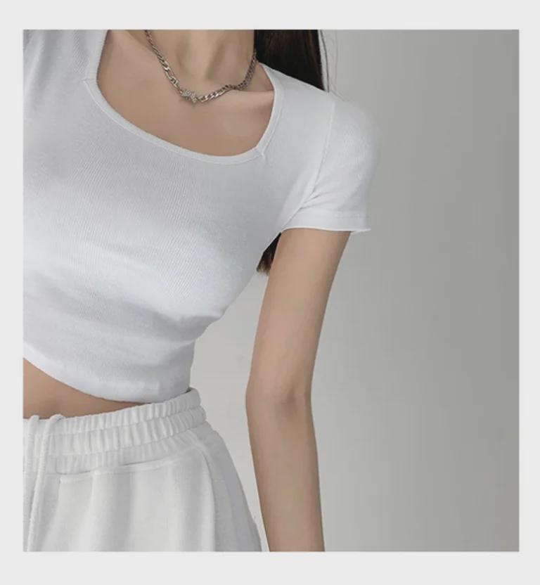Women's Korean Style Slim Fit Wide U-Neck Crop Top - Solid Color, Short Sleeve, Oversized, Summer Layer.