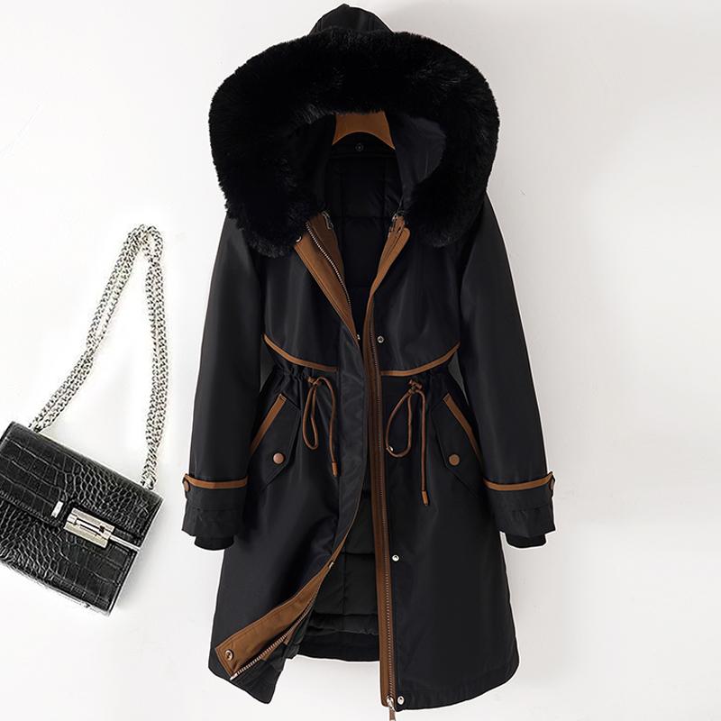 Giacche lunghe con collo in pelliccia sintetica per donna, nuova fodera invernale, cappotto imbottito femminile staccabile, parka invernale stile coreano con cappuccio