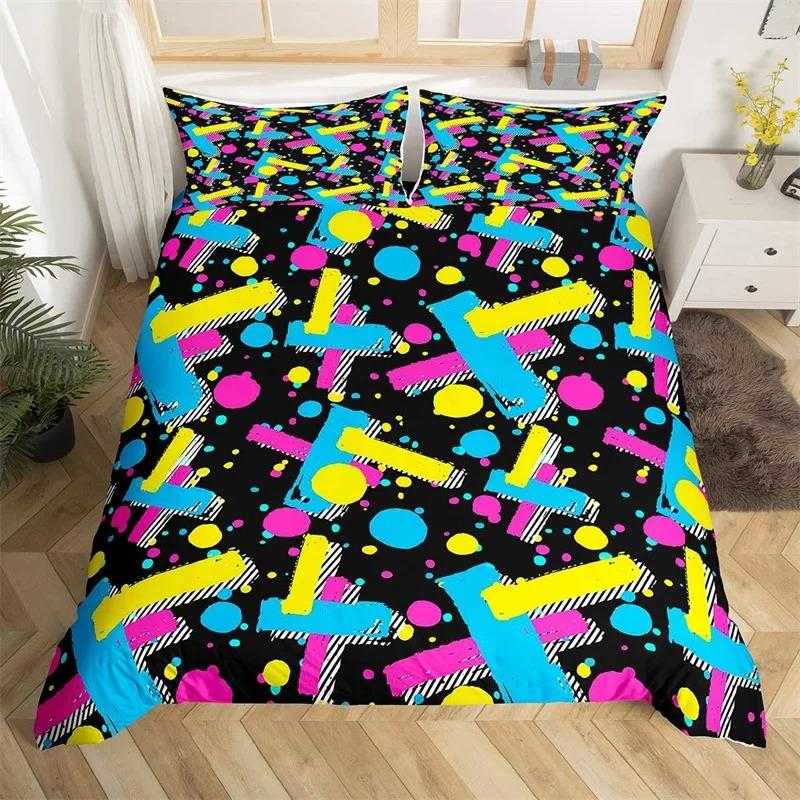 Psychedelische 3D Geometrische Bettbezug Mikrofaser Bunt Pop Art Queen Size Retro 80er Jahre Bettwäsche Set
