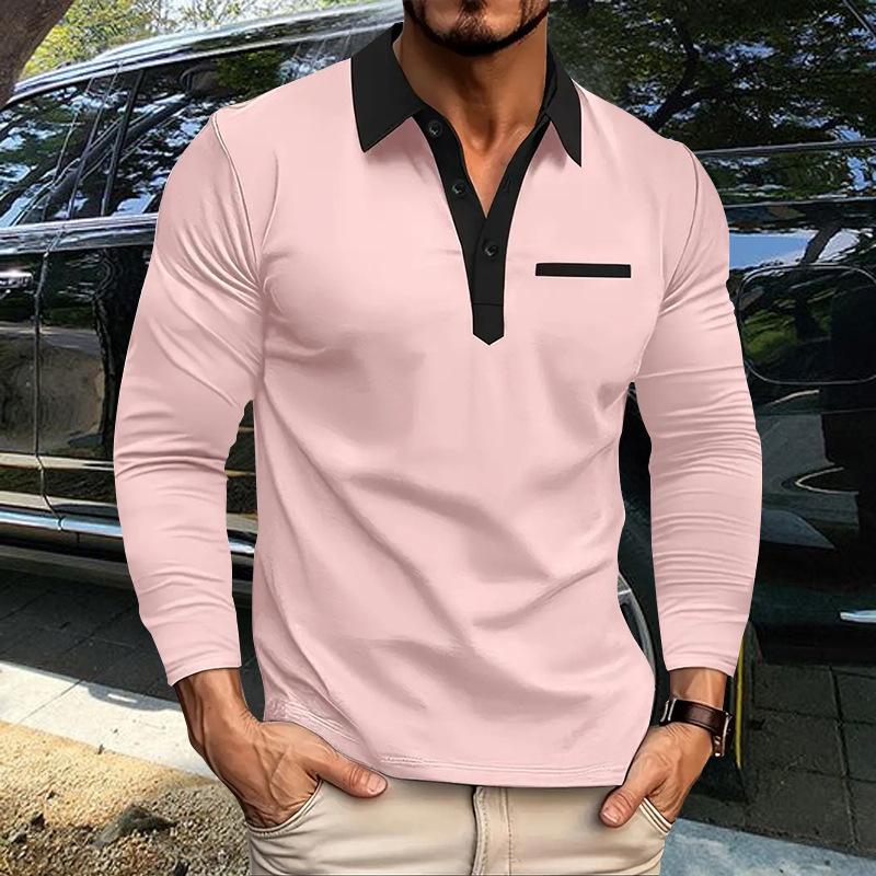 Spring Autumn Men's Polo Shirt Long Sleeve Turn Down Collar Fashion Patchwork Polos Men