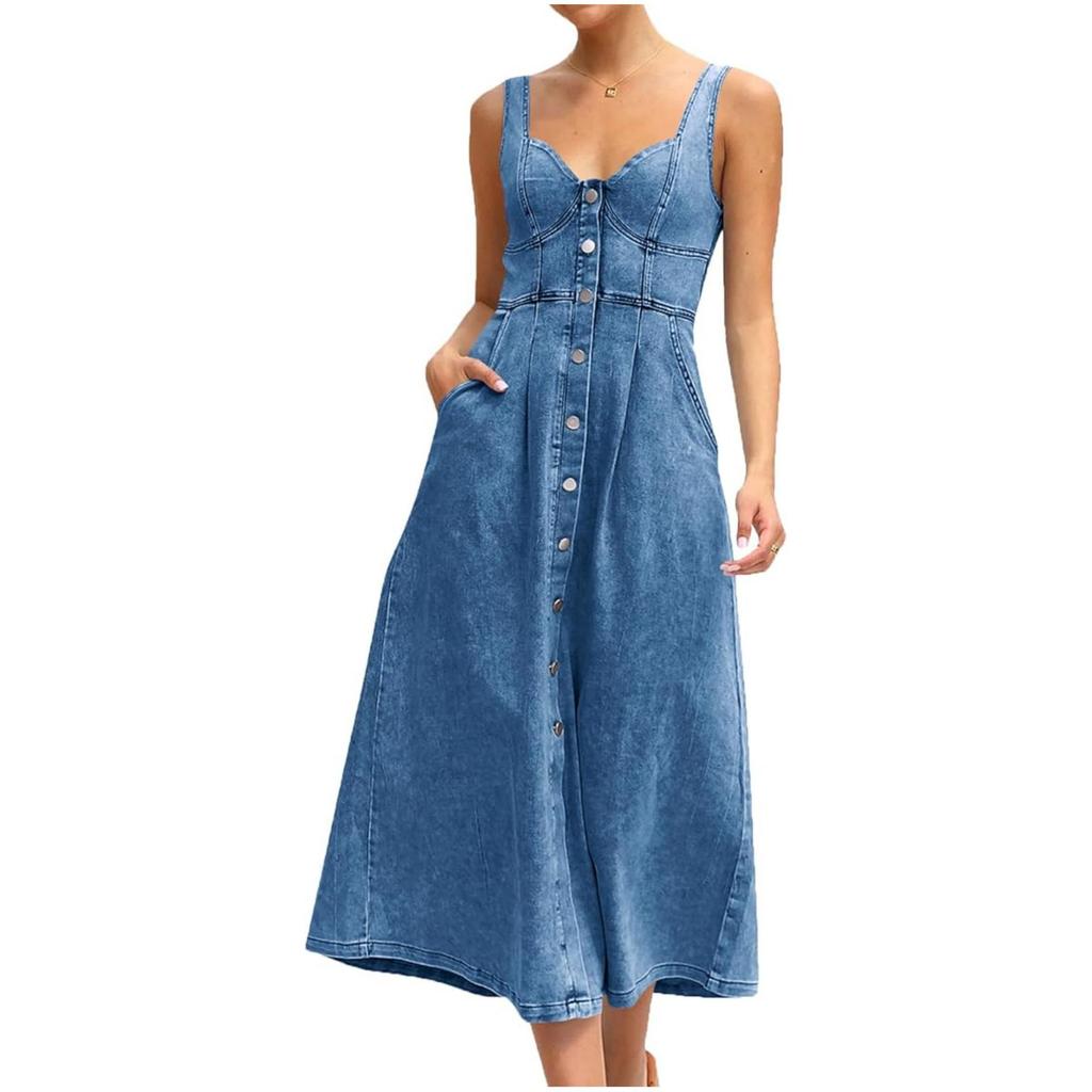 2026 Summer Women's Blue Denim Strappy Single-breasted Mid-length Dress