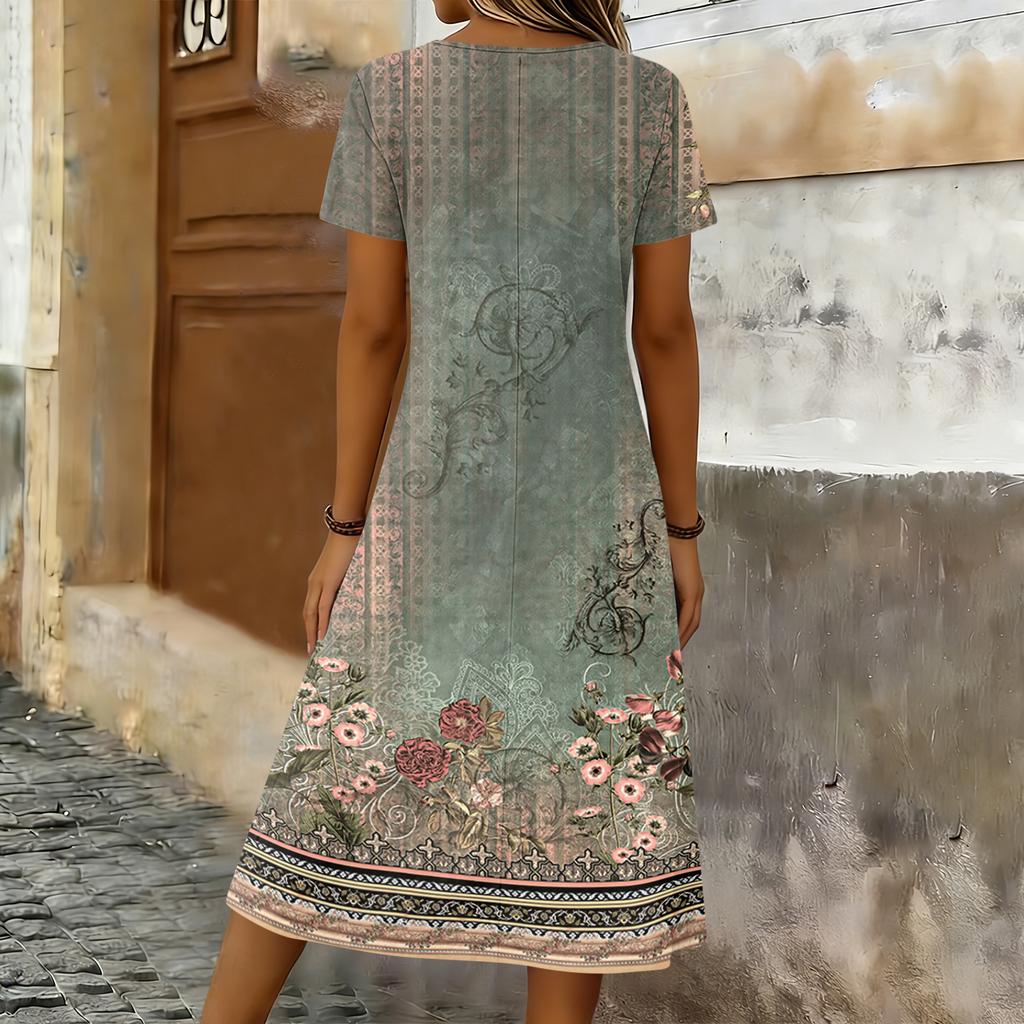 Damen Freizeitkleid Midi Lockerer Schnitt Rundhalsausschnitt Kurze Ärmel Tasche mit Blumendruck für den Alltag und Entspannte Ausflüge