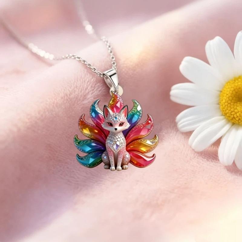 Chinese Style Nine-Tailed Fox Enamel Pendant Necklace For Women Friends Cute & Aesthetic Trendy Exquisite Jewelry Gifts