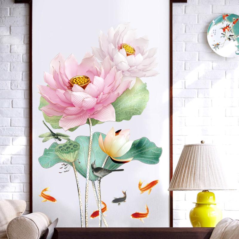 Pvc Lotus Carp Wall  Stickers Chinese Style Three-dimensional Vinyl Self-adhesive Wallpaper Bedroom