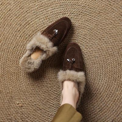 Fashion NEW Winter Slippers Sheep Suede Leather Shoes Women Round Toe Low Heel Shoe Cover Toe Slingback Women Mules Rabbit Hair Slippers