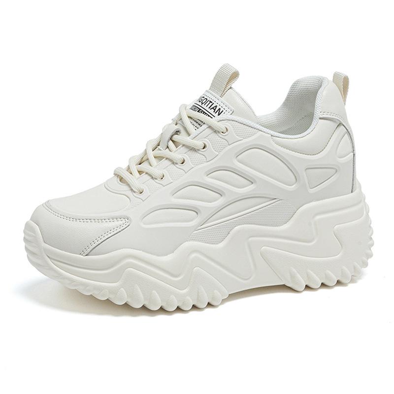 Genuine Leather Shoes Women Fashion Sneakers Flat Platform Height Increasing Shoes 7cm Brand Ladies Breathable Mesh Casual Shoes Black Beige