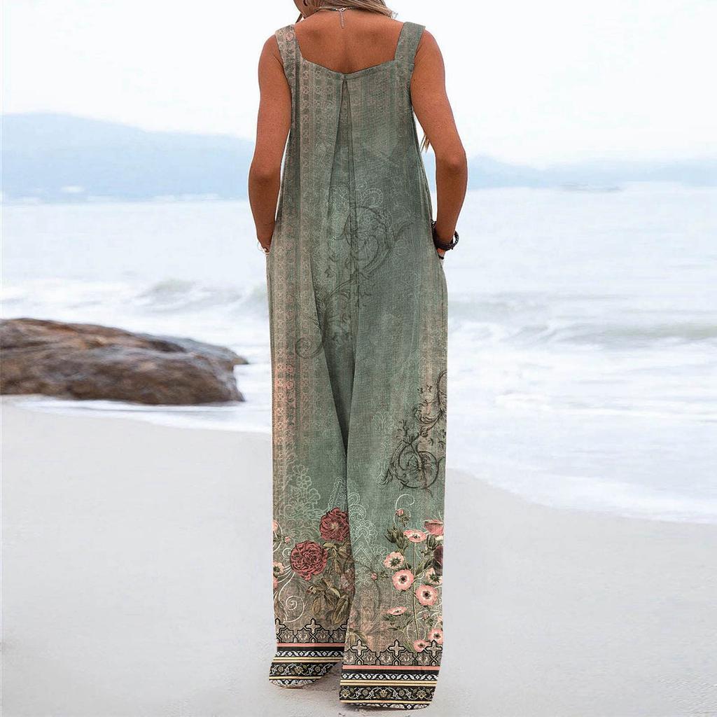 Women's Fashion Casual Loose With Pockets  Sleeveless Printed Jumpsuit
