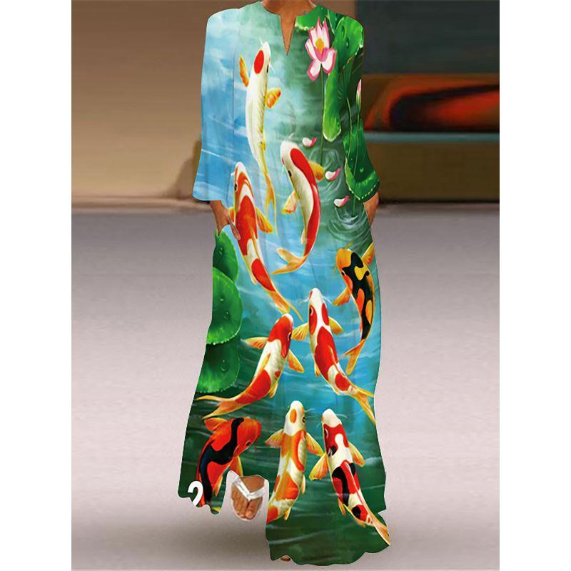 Chinese Style Dress Fancy Carp Pattern Print Long Sleeve Dress Travel Photography Stage Show Performance Costume