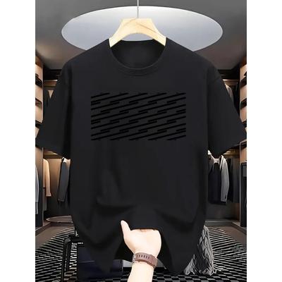 European Sizes Men'S Casual Summer Graphic T-Shirt - Short Sleeve Crew Neck with Bold Black Stripe Print, Summer Casual Wear