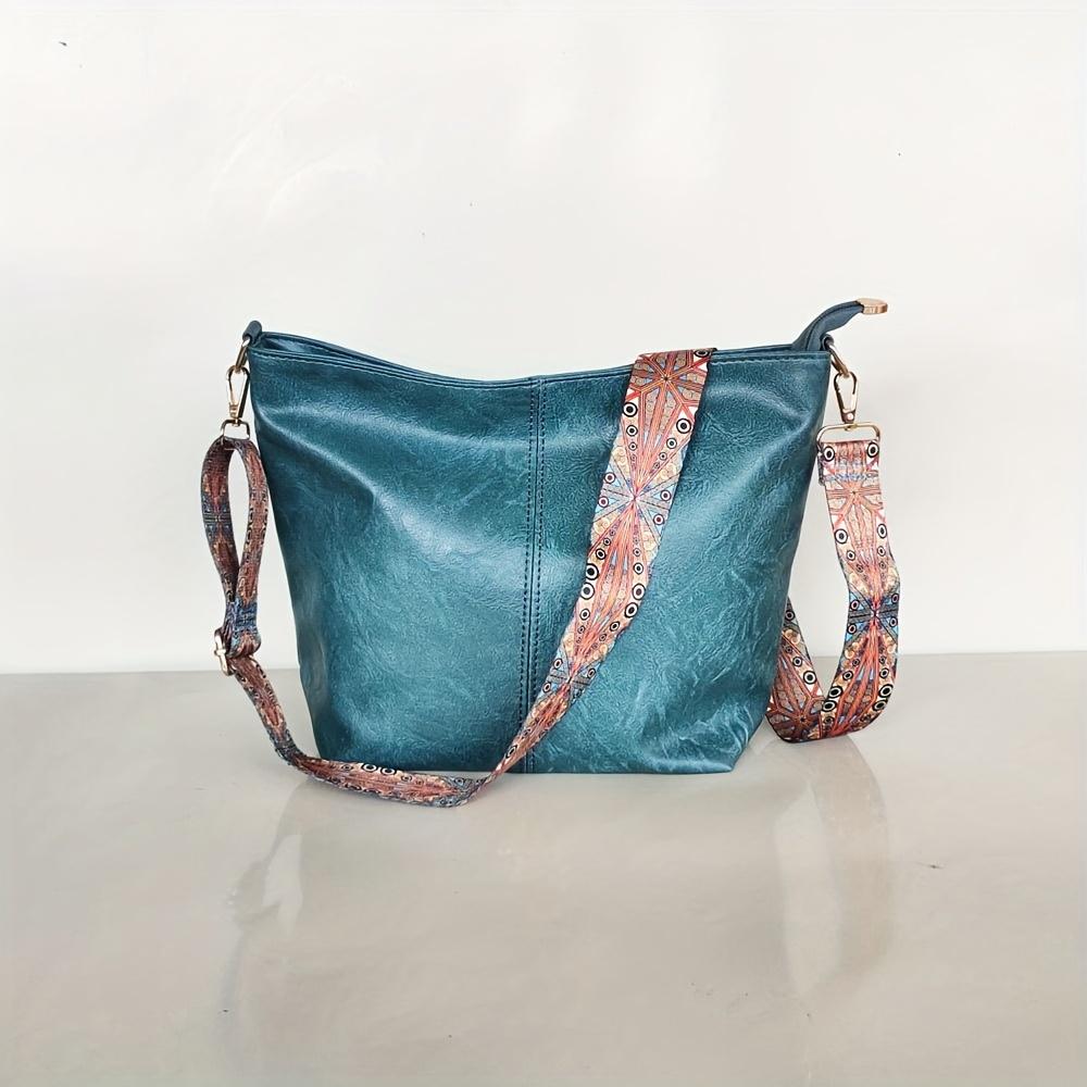 Fashionable wide shoulder strap shoulder bag, retro PU leather women's crossbody bag, casual bucket bag
