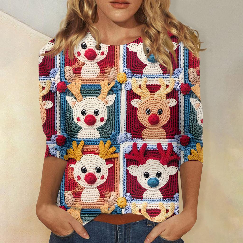 Women's Fashionable Casual Three-Quarter Sleeve Christmas Print Round Neck Top