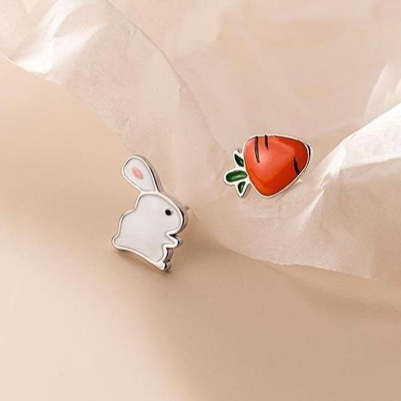 925 Silver Needle Rabbit Carrot Asymmetric Mini Animal Stud Earrings For Women Classic Jewelry Light Accessories