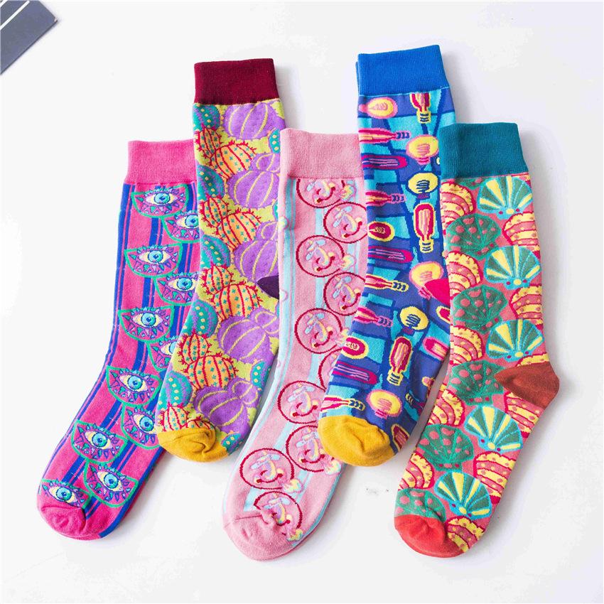 Retro Color-Block Mid-Calf Socks: Trendy Unisex Cartoon Shell Design, Bright and Stylish for Couples