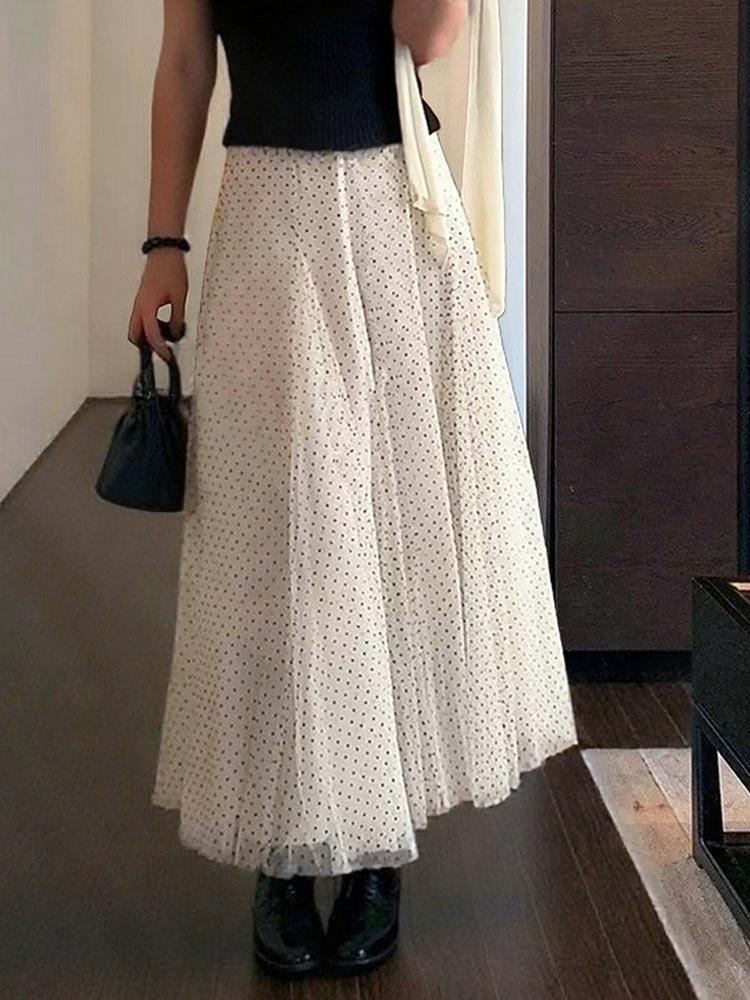 Korean Polka Dot High-Waisted Mesh Midi Skirt, Spring/Summer 2026, Elegant A-Line with Drapey Wide Hem.
