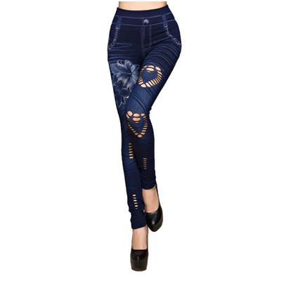 Slim Women Leggings Faux Denim Jeans Leggings Hole Heart Printing Casual Women Clothing Pencil Pants