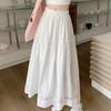 White Lace Splicing High Waist Elastic A- Line Midi Skirt Women's Summer Elegant Wide Hem Semi-Body Skirt