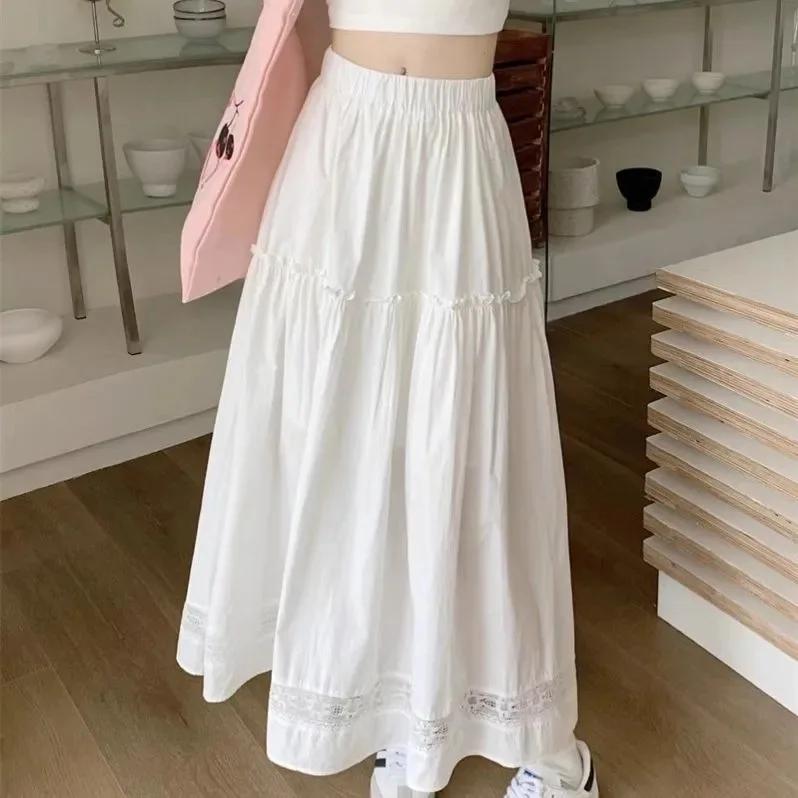 White Lace Splicing High Waist Elastic A- Line Midi Skirt Women's Summer Elegant Wide Hem Semi-Body Skirt
