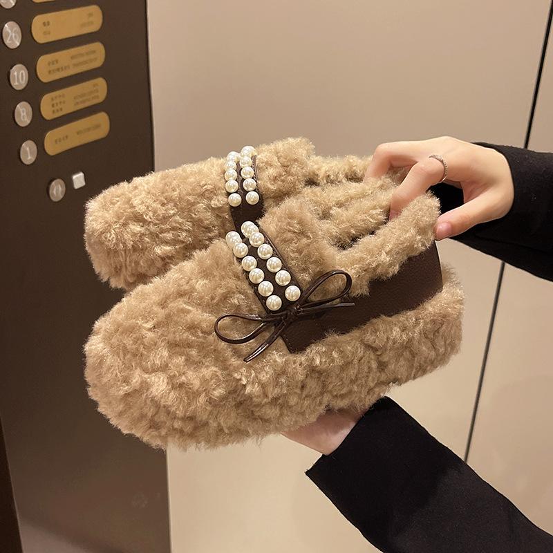 Women's Shoes Mao Mao Shoes Women's 2025 Winter New Outer Wear Flat-bottomed Pearl Decoration Korean Version Doudou Shoes One-pedal Fairy